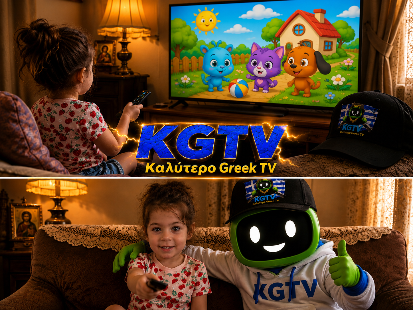 Child watching Greek cartoons on KGTV with the KGTV mascot